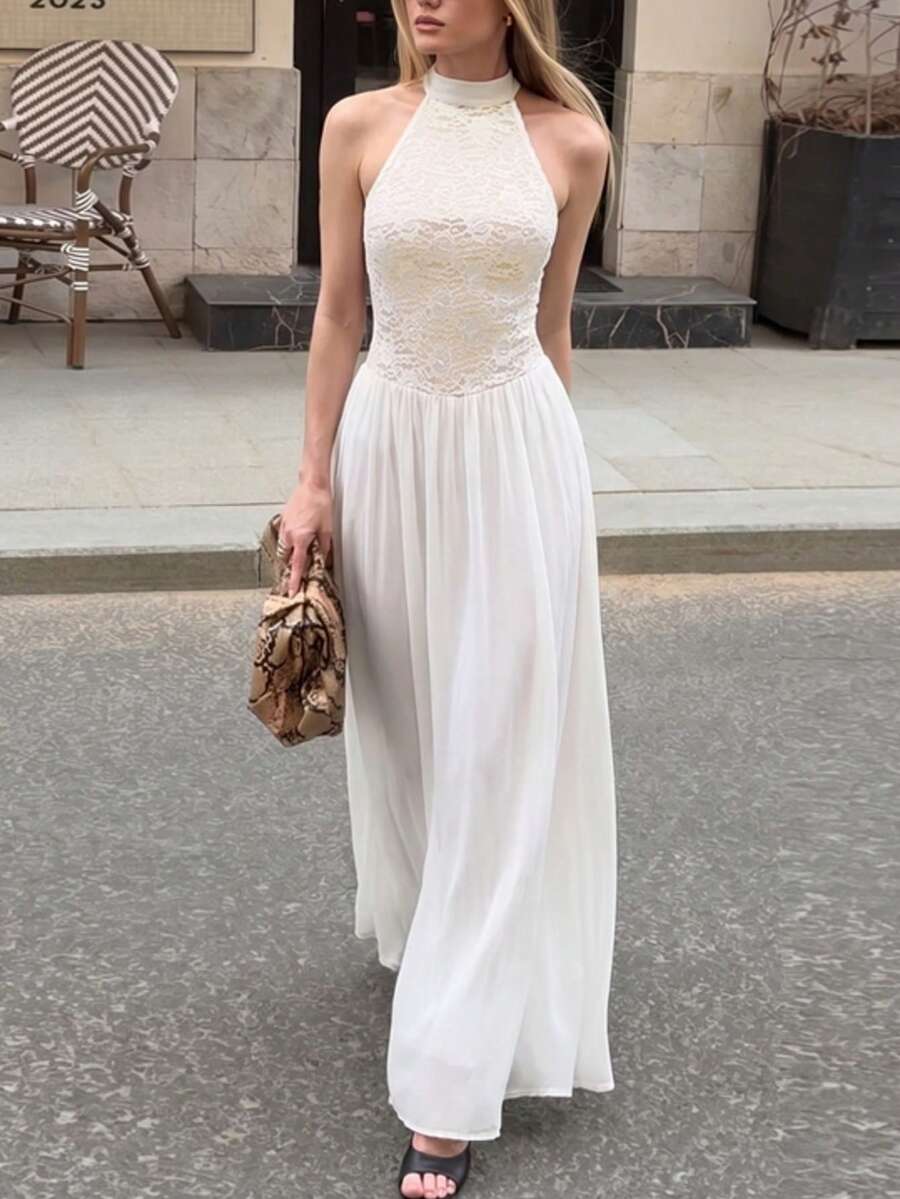 Daleeva Women's Solid Color Halter Neck Long Dress, Lace Top With Chiffon Skirt, Suitable For Vacation And Evening Occasions Elegant - White - View 1