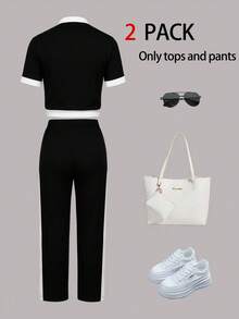 Spring/Summer Women's New Casual Pants Set, Color-Block Button Fake Pocket Design Round Neck Short Sleeve Top Paired With High-Waist Draping Comfortable Long Pants - Black + White 1 - View 4
