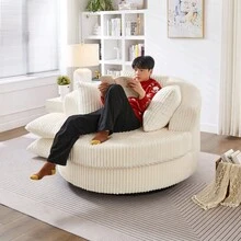 360° Swivel Sofa Chair Modern Corduroy Leisure Sofa Round Chaise Lounge With 5 Removable Pillows For Living Room Bedroom - Beige + Foam+Spring + 1 Seat1 - View 3