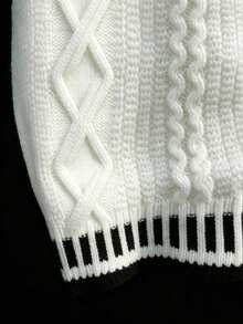 Chaleco de punto de diamante japonés retro, parte superior sin mangas con cuello en V y ribete de contraste en blanco y negro versátil - Blanco - Ver 5