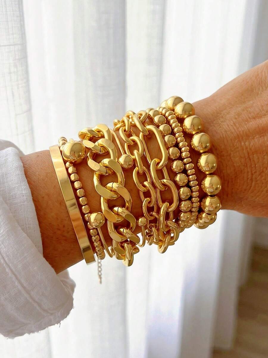 10pcs/7pcs/6pcs/5pcs Pulsera y Brazalete Vintage Moda Elegante Estilo Bohemio Vacaciones Metal Multi-Geométrico Asimétrico Elástico Cuentas Redondas Cuentas Cuadradas CCB Disco Colgante Apilado Gota de Aceite Naranja Flor Cadena Gruesa Hueca Cadena Retorcida Piel de Serpiente Cadena Entrelazada Minimalista Personalizado Básico Y2K Exagerado Multicapa Dorado Adecuado para Mujeres y Hombres Verano Playa Vacaciones Fiesta Cita Regalo Uso Diario Accesorio Versátil - Multicolor - Ver 1