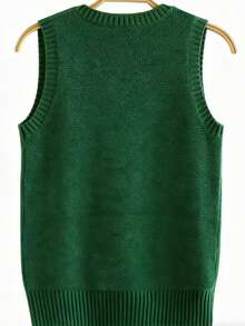Plus Size Women Pullover Vest, Elegant European & American Style, Versatile Casual Solid Color Crew Neck Sleeveless Knit Sweater Vest Fall - Dark Green - View 2