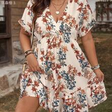 yonghongmaoyi1  LUNE Vestido casual de vacaciones con cuello en V y estampado floral para tallas grandes - Albaricoque - Ver 2