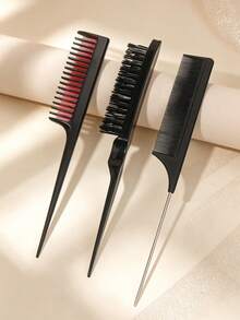 3Pcs Hair Styling Comb Set, Teasing Brush, Parting Rat Tail Comb & Sectioning Tool For Braiding & Backcombing - Multicolor - View 1