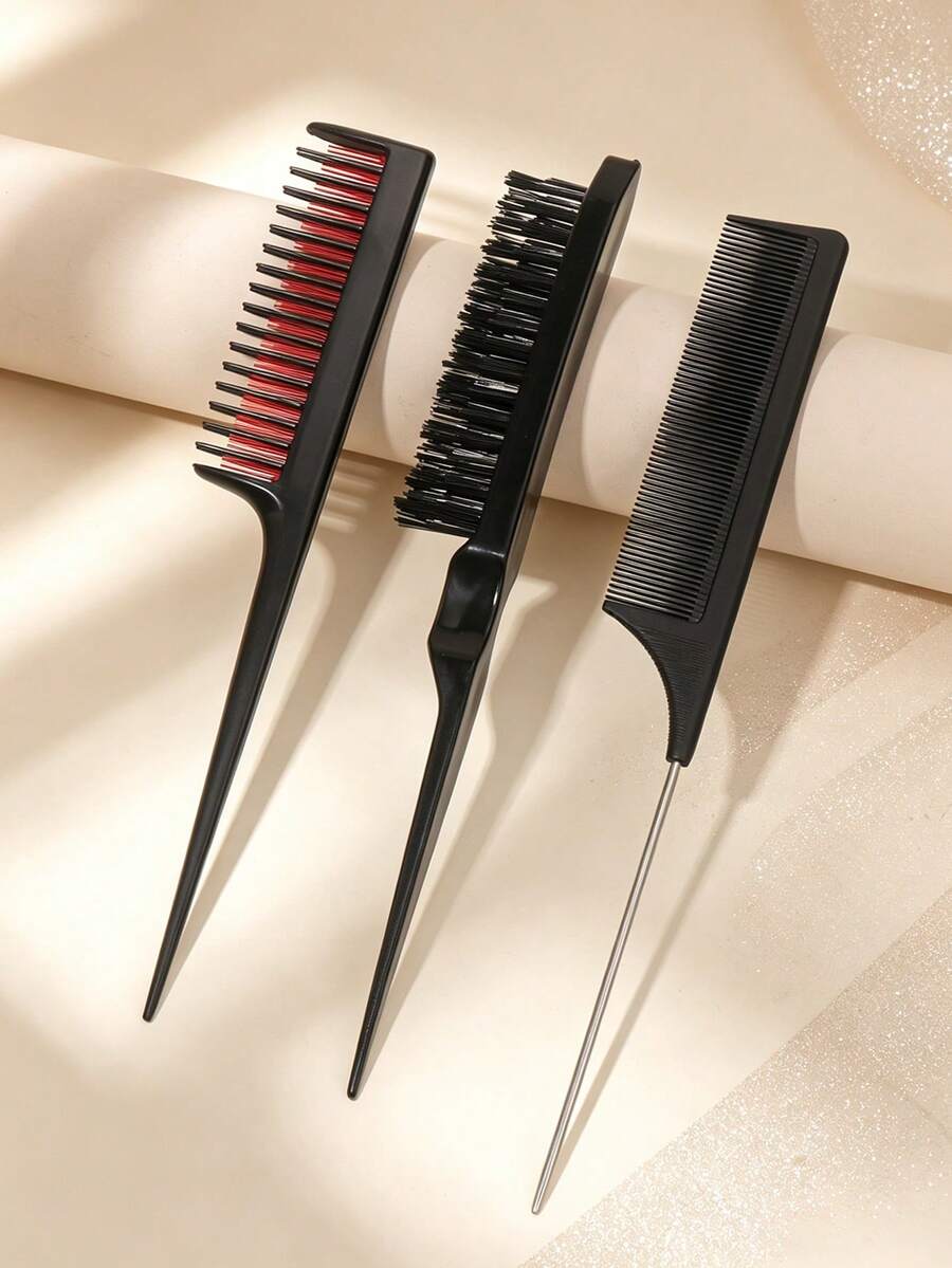 3Pcs Hair Styling Comb Set, Teasing Brush, Parting Rat Tail Comb & Sectioning Tool For Braiding & Backcombing - Multicolor - View 1