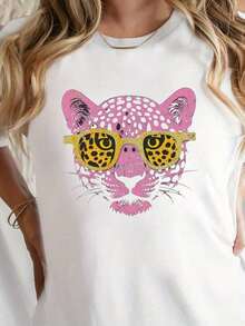 Camiseta Casual de Manga Corta con Estampado de Leopardo Rosa para Primavera y Verano, Ropa de Mujer, Cuello Redondo, 100% Algodón, Tejido Suave, Manga Corta - Blanco - Ver 1