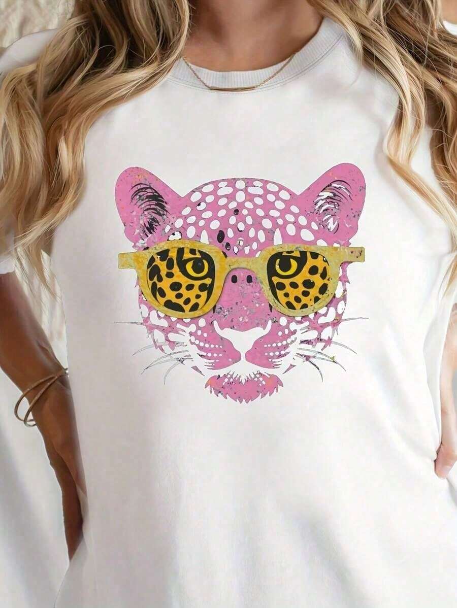 Camiseta Casual de Manga Corta con Estampado de Leopardo Rosa para Primavera y Verano, Ropa de Mujer, Cuello Redondo, 100% Algodón, Tejido Suave, Manga Corta - Blanco - Ver 1