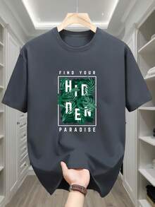 Camiseta de manga corta para hombre,% algodón, con cuello redondo y estampado creativo de hojas verdes DEN, informal y cómoda. - Blanco - Ver 6