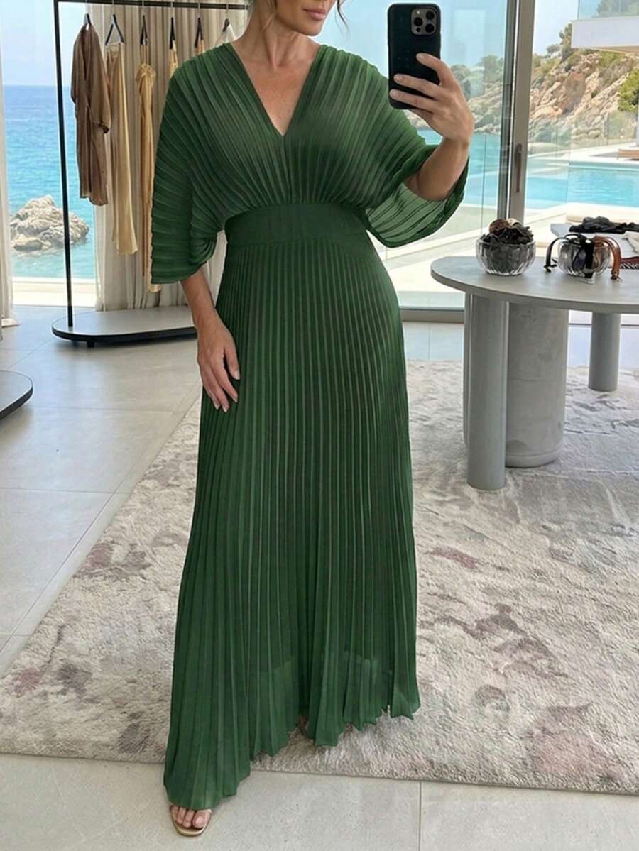 ChicMe 女士深V领蝙蝠袖高腰褶皱连衣裙，休闲露背系带设计派对鸡尾酒会晚礼服