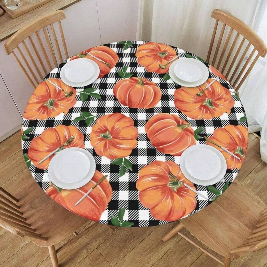 Mantel de tablero de ajedrez con borde elstico, mantel redondo para Accin de Gracias, lavable, reutilizable, para cocina, comedor, picnic, pequeo - Naranja - Ver 1