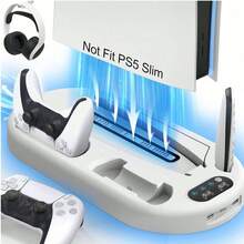 Play/Sta/Tion 5 遊戲主機冷卻底座附充電站，含底座與充電器，適用於 Play/Sta/Tion 5 光碟版與數位版，白色，可同時充電與冷卻 - 黑色 - 查看 1