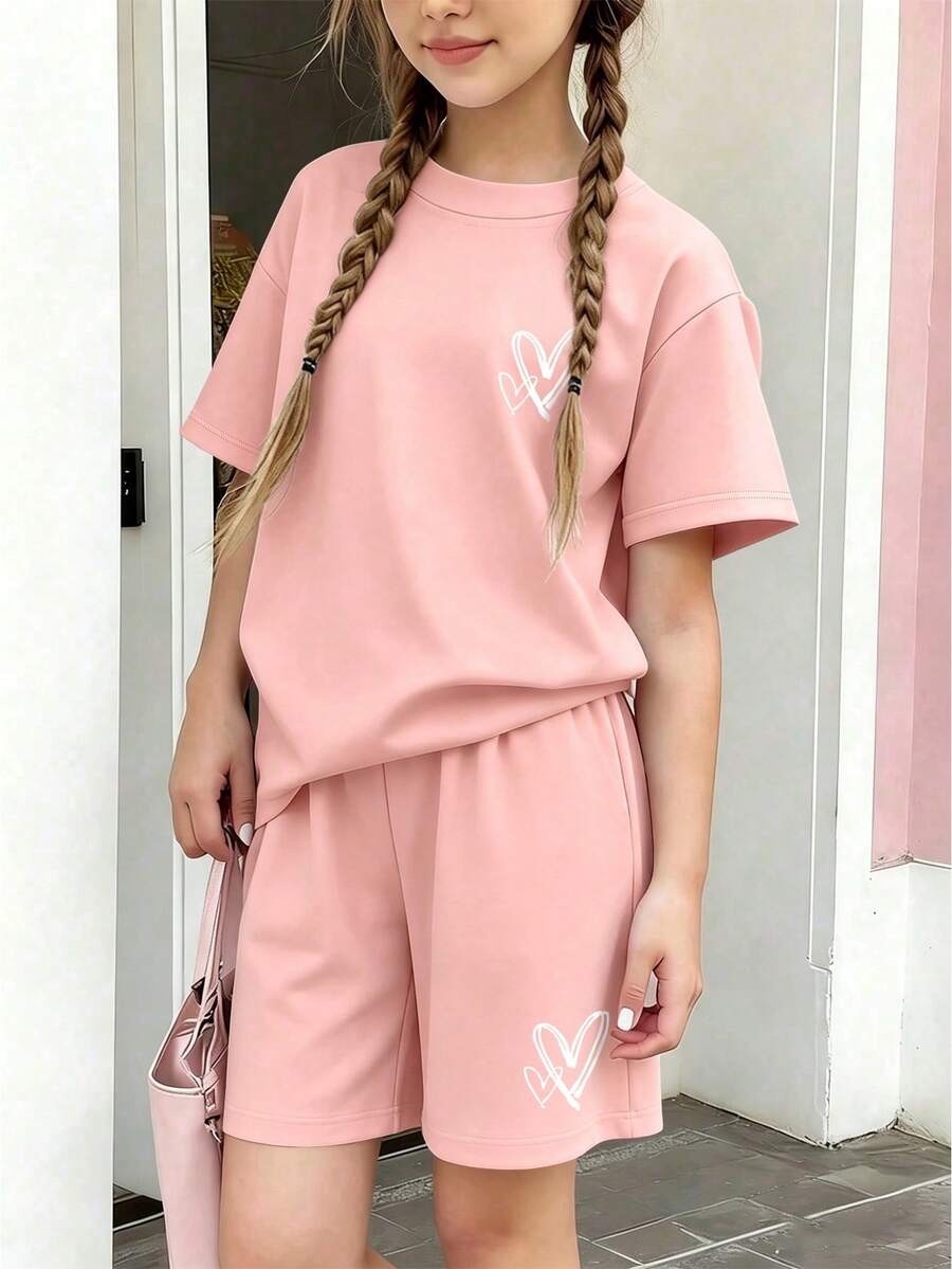 2件套少女爱心印花短袖T恤短裤套装，休闲宽松版型，适合度假和购物外出，夏季 - 粉色 - 查看 1