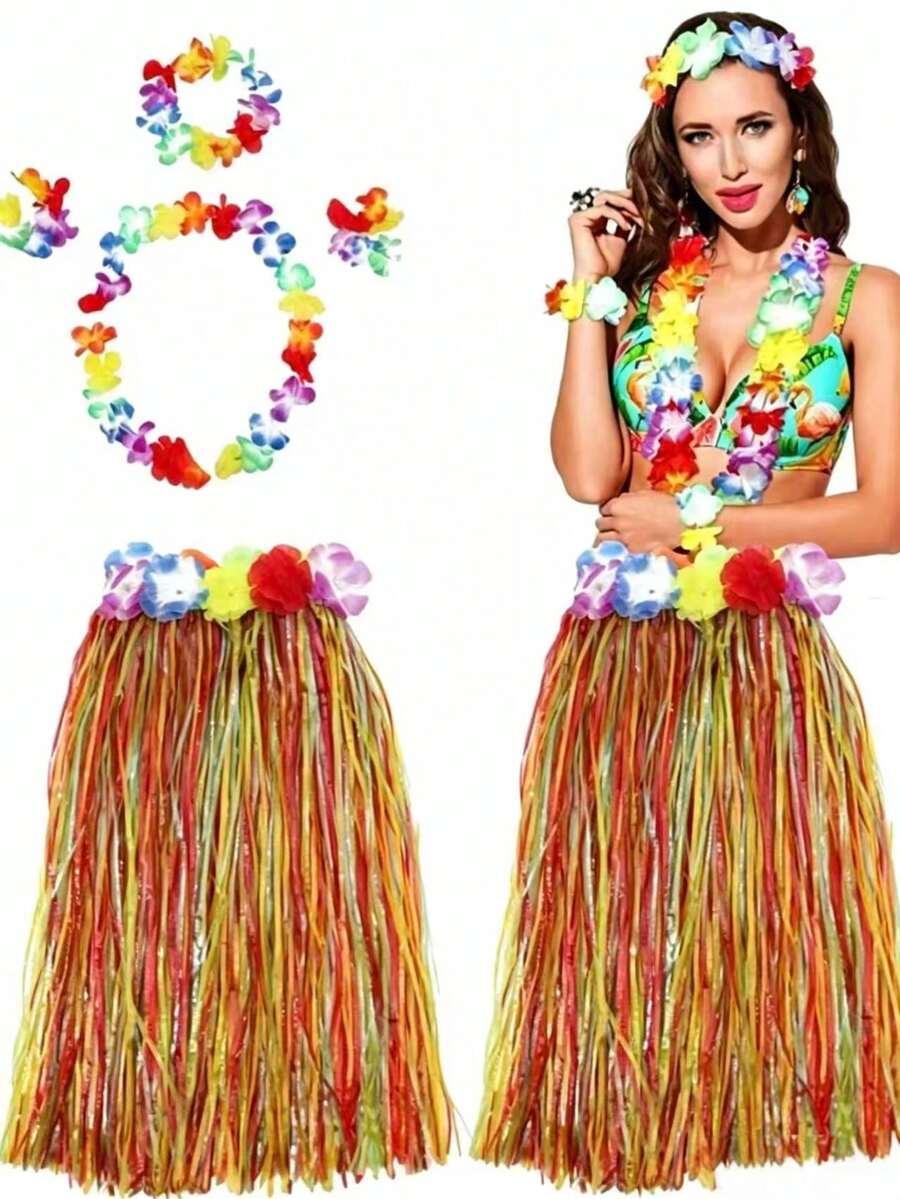 5er Set Hawaiianisches Tropisches Party-Grasrock-Set - Geeignet für Kostümpartys, Hula-Tanzpartys, Sommerpartys für Erwachsene, Geburtstagspartys und Halloween - Verschiedenfarbig - Übersicht 1