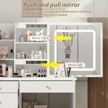 Vanity Dressing Table With Adjustable LED Lighting, Makeup Dressing Table With 5 Drawers And 3 Open Shelves, Makeup Table, Adjustable Illuminated Touchscreen Mirror - Blanco-izquierda - View 5