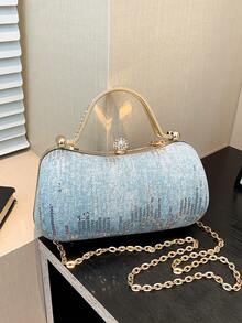 Ins Style Luxury Rhinestone Evening Clutch, Metal Handle Design, Exquisite Rhinestone Details, Compact Shape, Suitable For Dates, Parties And Gatherings - Blue - View 11