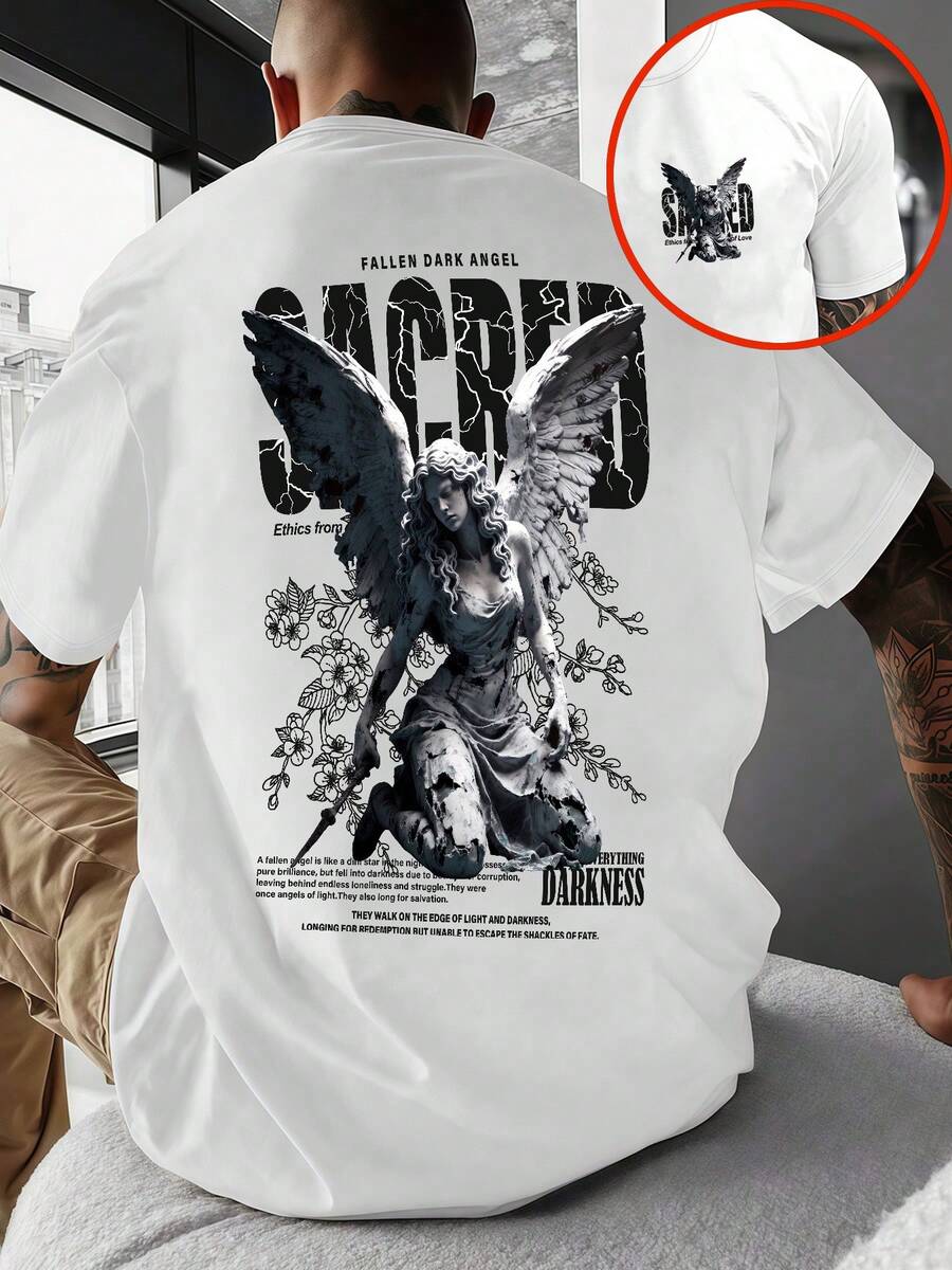 1 Camiseta de Poliéster para Hombre Estilo Y2K con Cuello Redondo y Estampado de Ángel Oscuro, Top Casual Holgado y Moderno, Estilo Urbano Europeo y Americano, Camiseta Base Versátil con Pat - Blanco - Ver 1