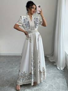 Vestido de Manga Corta con Estampado Floral y Cintura Ajustada al estilo Bohemio - Negro - Ver 10