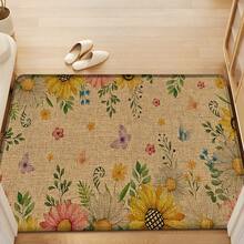 1 pieza, Decoración del hogar, Estampado de patrón floral, Alfombra de cocina de lino, Tapete de cocina, Tapete de piso, Tapete de baño, Tapete de puerta, Impresión 3D rectangular, Adecuado para sala de estar, dormitorio, pasillo, baño, lavandería - Alfombra de poliéster, Adecuado para decoración del hogar interior y exterior - Multicolor - Ver 4