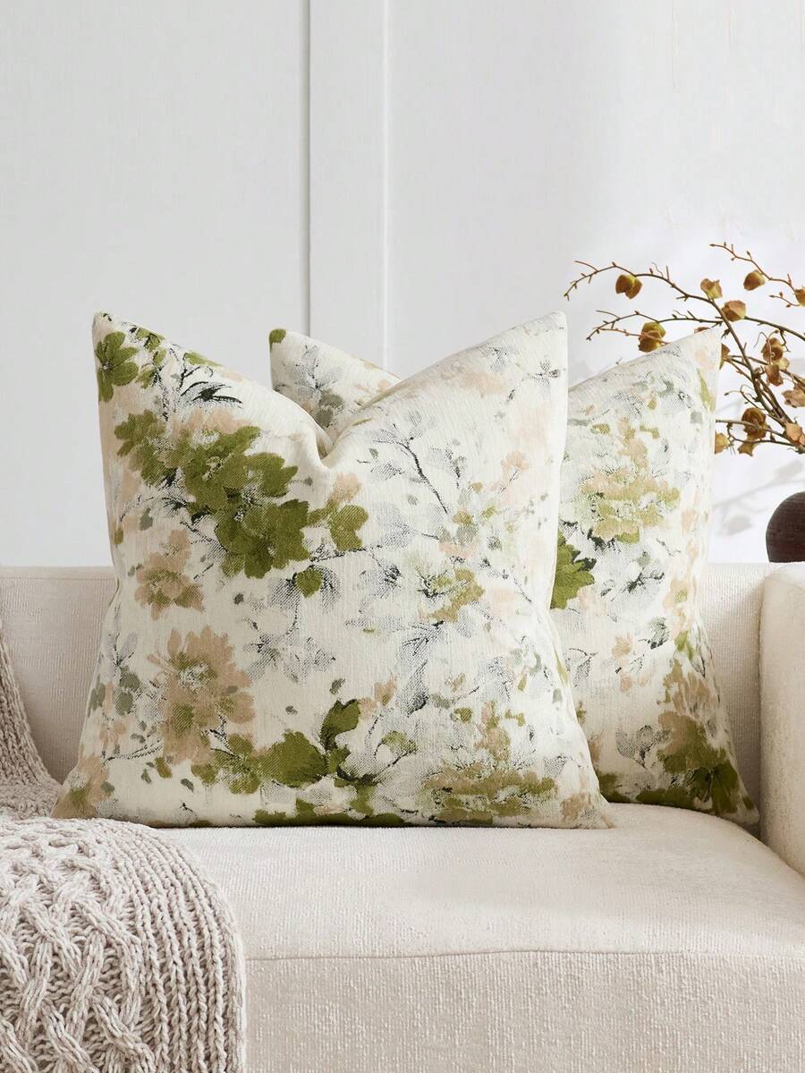 1pc/2pcs Sage (No Insert) Vintage Botanical Floral Pattern Throw Pillow Cover, Fashionable Retro Comfortable Jacquard Chenille + Faux Cashmere Decorative Pillow Cover, Suitable For Daily Home Decor, Sofa, Bed, Bedroom, Gift, Holiday Decoration, Spring Summer Autumn Winter, All Seasons, Aesthetic