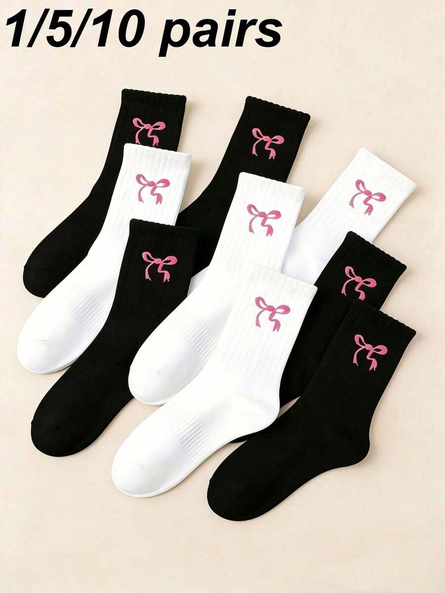 1/5/10雙女款蝴蝶結黑白中筒運動襪 - 甜美、透氣且舒適 - 適合日常穿著與返校季節 - 全季節穿著