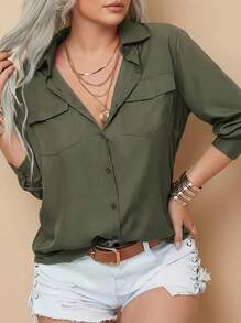 Whisplicity Plus Size Women's Solid Color Lapel Tie Long Sleeve Shirt, Spring Casual - Army Green - View 2