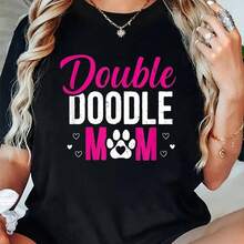 Cotton Double Doodle Mom Funny Dog Lovers T-Shirt 's Wo's Soft Breathable Tee Classic Fashion Summer Tops Printing Short Sve T-Shirt - Negro - Ver 1