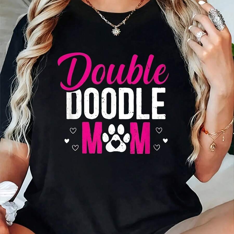 Cotton Double Doodle Mom Funny Dog Lovers T-Shirt 's Wo's Soft Breathable Tee Classic Fashion Summer Tops Printing Short Sve T-Shirt - Negro - Ver 1
