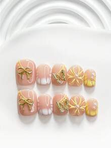10件組奢華優雅手工穿戴甲，Polygel美甲套組，蝴蝶結與五瓣花設計，柔美優雅風格，含美甲工具，3種尺寸可選，方型、短方型、杏仁形，適合派對、舞會、日常配戴 - 彩色 - 查看 15