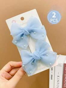 2pcs Girls' Multi-Color Faux Pearl Decor Bow Hair Clips - Blue - View 1