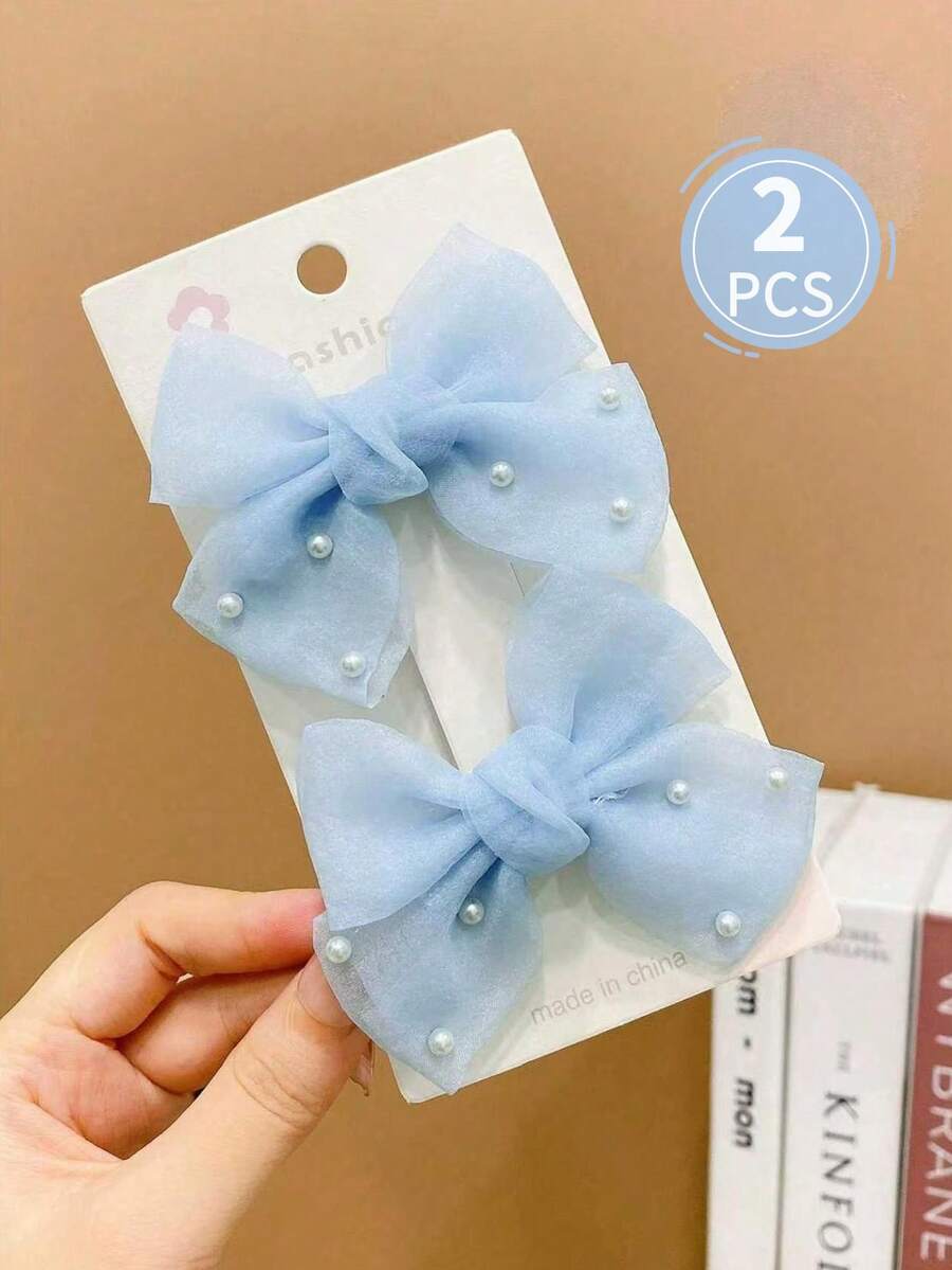 2pcs Girls' Multi-Color Faux Pearl Decor Bow Hair Clips - Blue - View 1