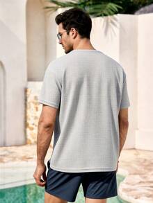 Men's Waffle Texture Half-Open Collar Short Sleeve Knit T-Shirt, Breathable, Machine Washable, Old Money Style For Summer Commuting - Grey - View 3