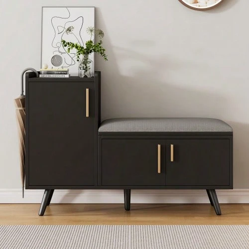 Modern Shoe Bench/Shoe Chest/Bench With Three Storage Doors, Asymmetrical Metal Handles And Multiple Storage Levels - 黑色 - 查看 1