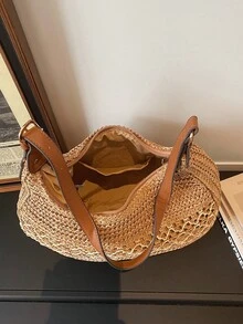 1件女款對比色草編新月包，時尚大容量夏季海灘度假手提包，適合購物與度假使用 - 卡其色 - 查看 4
