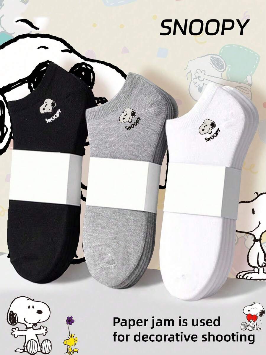 SNOOPY 12/6/3/1 双装正品刺绣设计男士夏季短袜,可爱卡通图案男士短袜,防臭透气休闲运动短袜,卡通图案男女通用短袜,柔软轻盈短袜,史努比袜子 - 彩色 - 查看 1