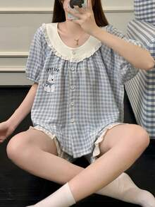 2pcs/Set Women's Pajama Loungewear Set, Fashionable Animal Print Cardigan Short Sleeve Ruffle Hem Design Shorts, Casual Simple, Suitable For Spring And Summer, Comfortable For Home - Blue and White - View 1
