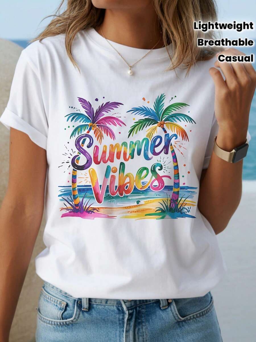 Camiseta con diseño de palmera tropical estilo Y2K y un toque veraniego - una camiseta de playa ligera de manga corta y cuello redondo adornada con un estampado en rosa claro, morado, azul, - negro - Ver 1