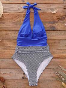 Đồ bơi một mảnh in sọc phong cách Boho, cổ yếm, hở lưng, vintage 2026 cho nữ, trang phục đi biển và che đồ bơi mùa hè - Màu xanh lam - Xem 5