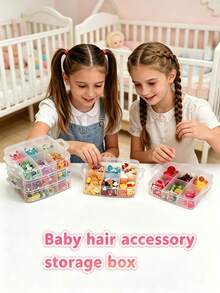 1pc PP Material Baby Hair Accessory Storage Box With Lid And Handle, Transparent Jewelry Box With Compartments, Suitable For Storage And Decoration In Baby Girl's Room - Multicolor - View 2