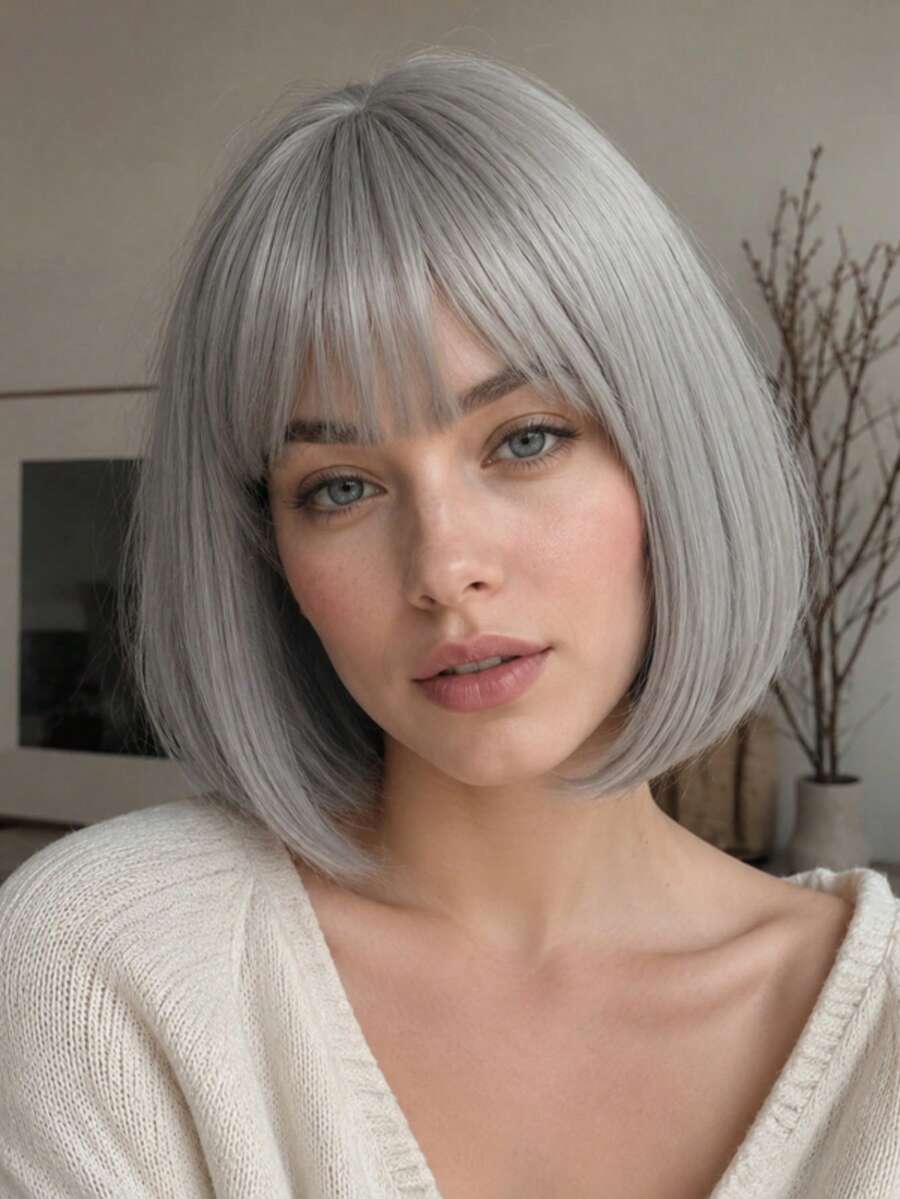 Wig Bob Abu-abu Perak Mengkilap Bervolume, 12 Inci dengan Poni, Wig Tahan Panas untuk Wanita, Gaya Modis untuk Penggunaan Sehari-hari & Liburan - abu-abu perak - View 1
