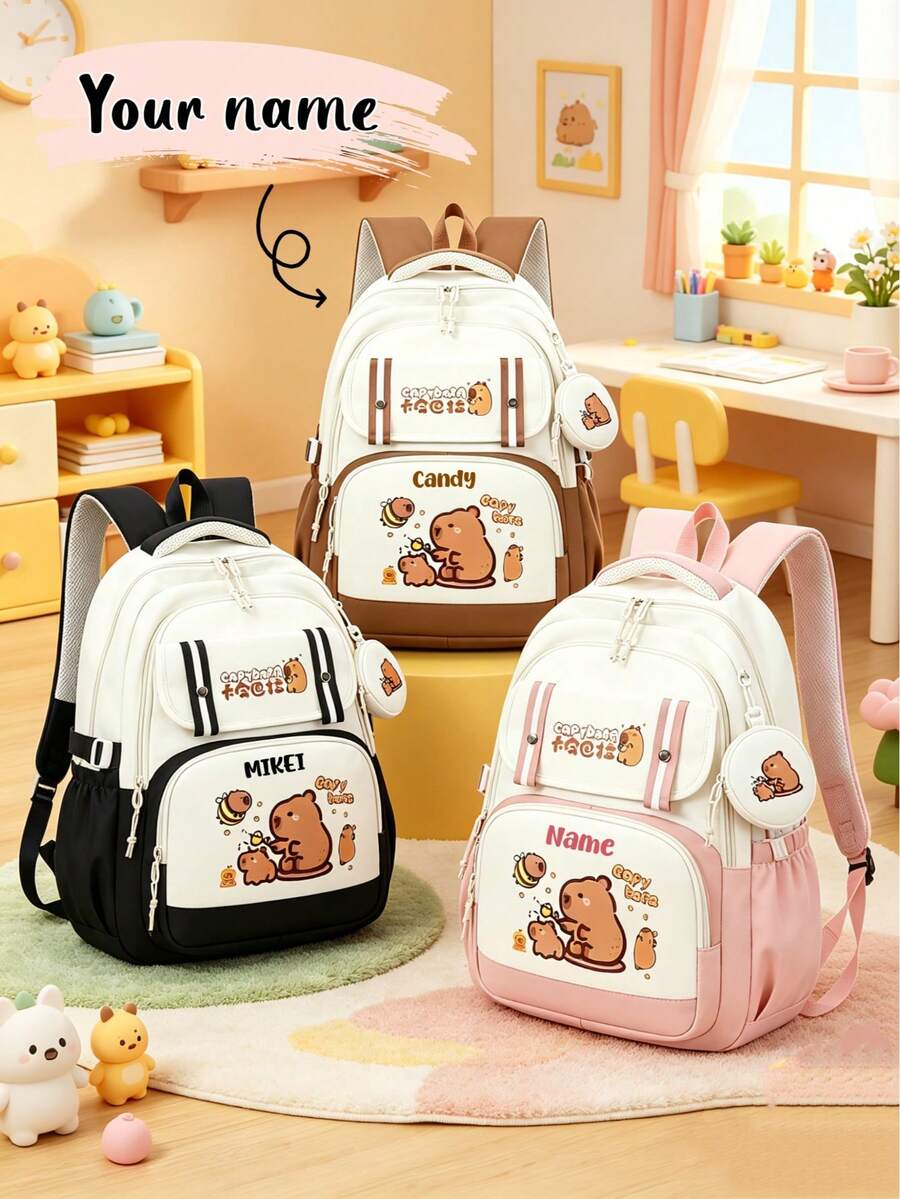 1pc Personalized Back To School Large Capacity Cute Cartoon Capybara Print Backpack With Mini Round Coin Purse, Adjustable Shoulder Straps, Nylon Material Zipper Closure Multiple Compartments Storage, Suitable For Daily, Outings, Travel, Commuting. Perfect Birthday, New Year Or Holiday Gift For Friends, Daughters Or Sons. Custom Exclusive Name, Anniversary. - Multicolor - View 1