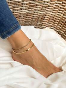 2pcs/Set Women's Anklet Set, Beach Vacation Layering Style, Non-Fading Non-Rusting Stainless Steel Women's Twisted Chain Flat Snake Chain Basic Anklet Set, Daily Accessory Gift - Yellow Gold - View 2