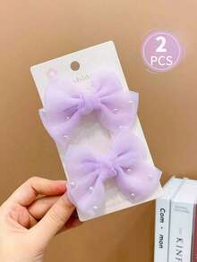 2pcs Girls' Multi-Color Faux Pearl Decor Bow Hair Clips - Purple - View 6