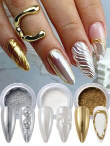 Y2K Mirror Nail Powder With Applicator Brush, Magic Mirror Effect White/Gold/Silver, Suitable For Nail Decoration, Nail Supplies - Multicolor - View 2