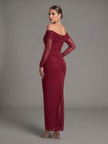 D&M Women's Sexy Ruched Off-Shoulder Fitted Long Sleeve Party Dress Wedding - Burgundy - View 3