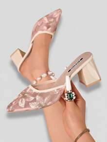 New Chinese Style White High Heel Mules, Pointed Toe Lace Embroidery Convertible Sandals For Women,Summer Shoes,Mothers Day Gift - Pink - View 10