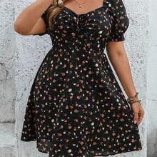 jianchaimaoyi02  VCAY Vestido corto de mujer talla grande con cuello de corazón floral negro, manga corta con cordón delantero - Azul marino - Ver 8