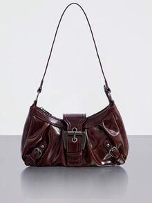 Rollcall Y2K Vintage Soft Distressed Leather Motorcycle Bag With Rivet, Buckle, Pleated Cloud Decor, Shoulder/Underarm Bag, Suitable For Work, Commute - Burgundy - View 1