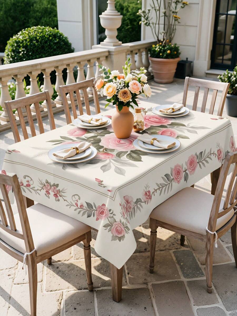 1/2 piezas Mantel de poliéster con estampado de rosas y enredaderas, cubierta de mesa suave para decoración de fiestas, picnics y cenas, decoración de mesa de comedor para brunch de primavera, uso diario en interiores y exteriores, fácil de limpiar - Rosa Roja - Ver 1