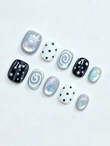 10pcs Pure Handmade Short Oval Press On Nails, Sweet Style, Gradient Pink Tone With Star And Dot Details For Women And Girls, Spring Summer Fall Winter Festivals Party And Daily Life Use - Multicolor - View 2