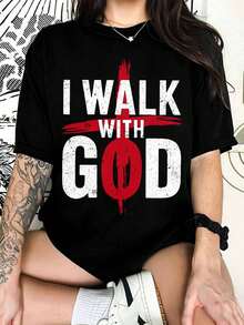 "I Walk With God" T-Shirt – Christian Faith Graphic T-Shirt, Religious T-Shirt With A Bold Cross, Inspirational Spiritual Gift For Believers, Jesus T-Shirt - Black - View 1